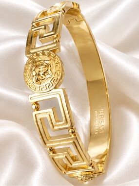 Versace Gold Medusa Greek Key Hinged Bangle Bracelet
